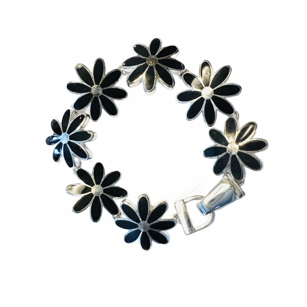 Floral Link Style Bracelet Black Silvertone - Picture 5 of 5